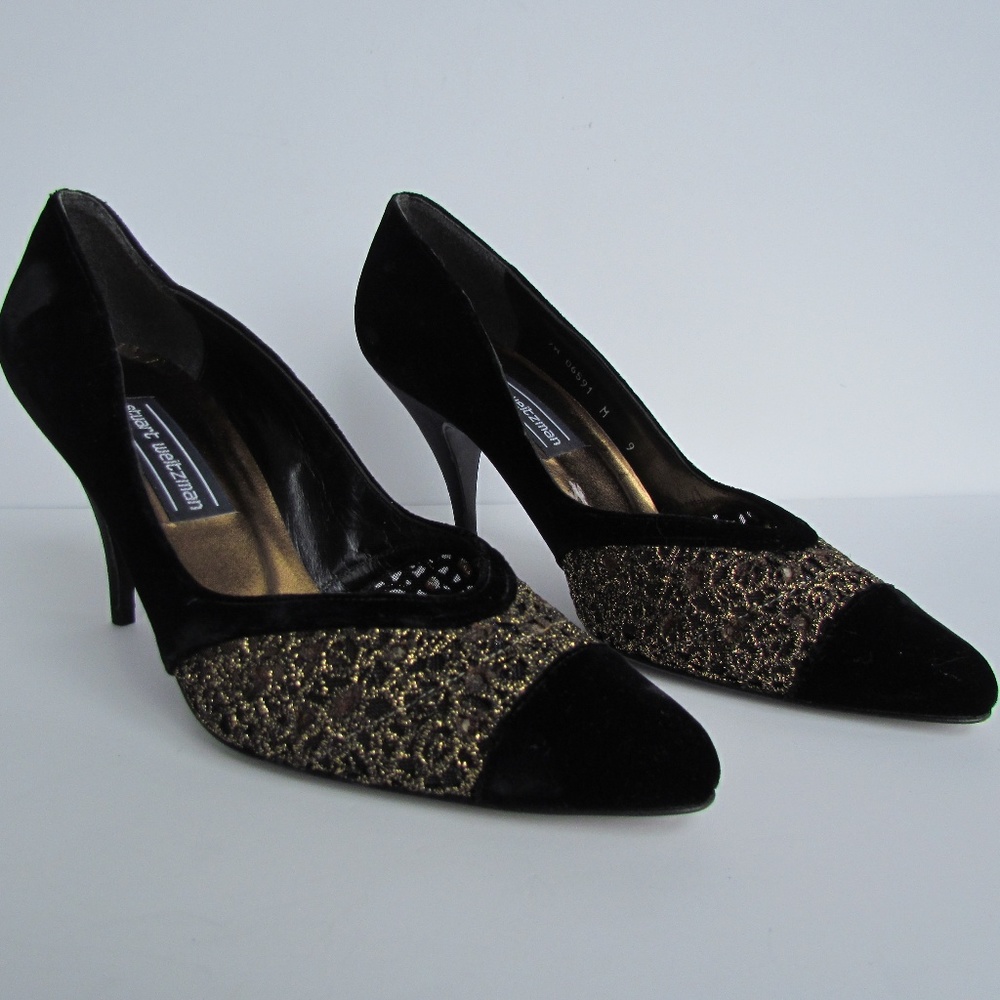 Vintage STUART WEITZMAN Black Gold Velvet Heels